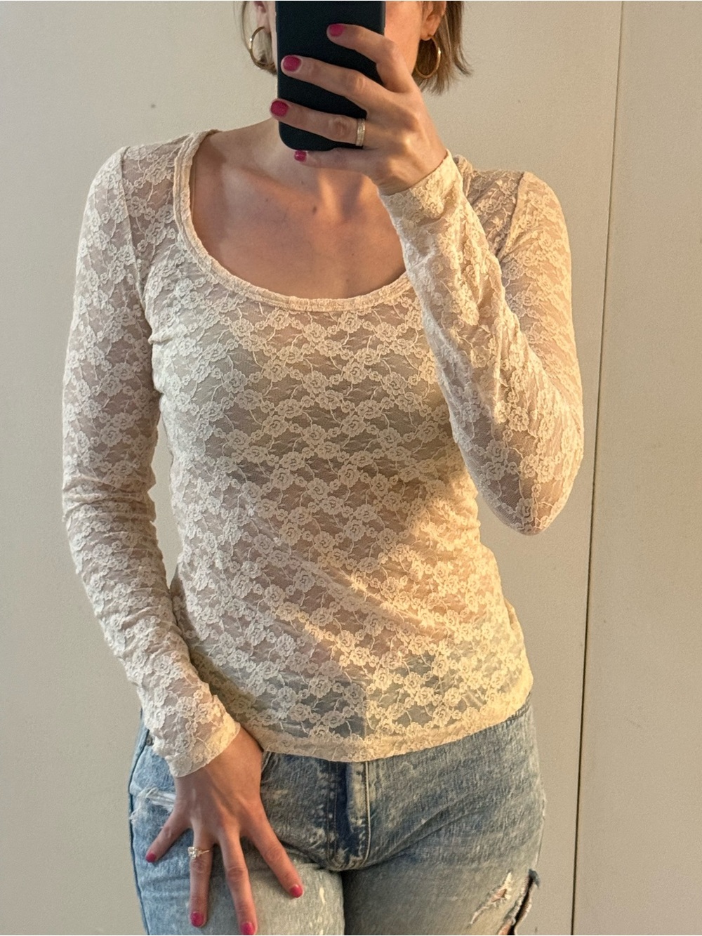 Anthropologie Ivory Floral Lace Scoop-Neck Long Sleeve Top
